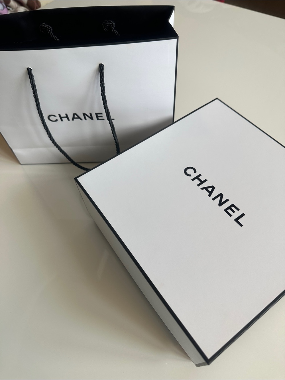 CHANEL White and Black Logo Gift Box & Shopping Bag